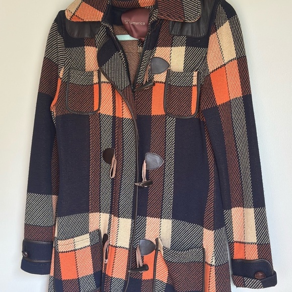 525 America Womens Orange & Navy Buffalo Plaid & Leather Trim Coat Toggle Button - Picture 2 of 10